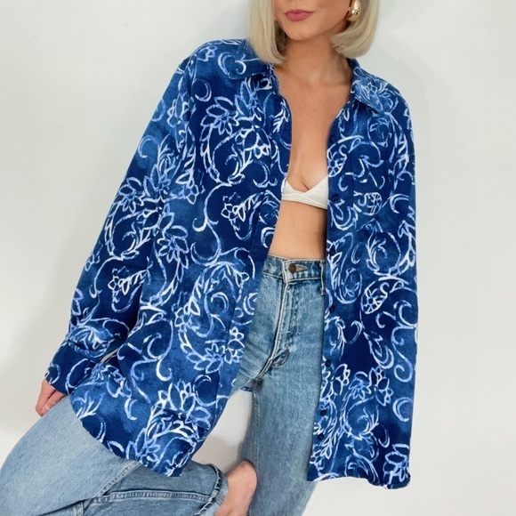 Vintage Tops - 💫 Cobalt Blue Large Motif Paisley Print Button Down Cool Tone Shirt Top